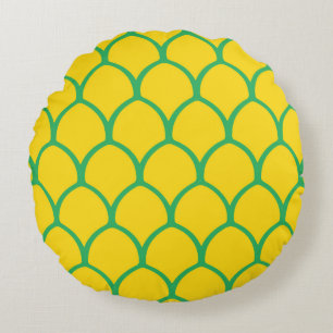 Tropical Pineapple Pattern in Green and Yellow Round Cushion