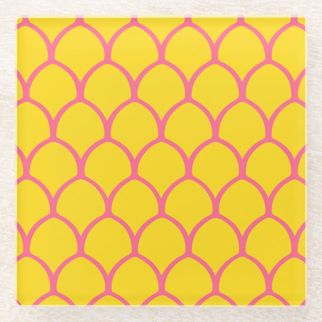 Tropical Pineapple Pattern in Pink and Yellow Glass Coaster (Front)