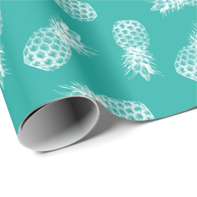 Tropical Pineapple Pattern Modern Turquoise Wrapping Paper (Roll Corner)