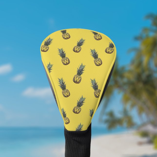 Tropical Pineapple Pattern Monogram Yellow Driver Golf Head Cover (🍍⛳ Two loves in one. Pineapples and Golf. Just add your initial! 🍍⛳ )