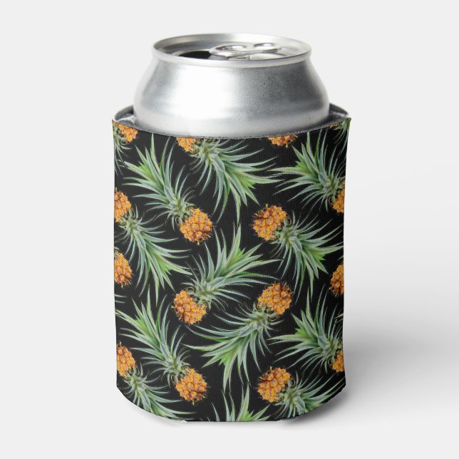 Tropical Pineapple Pattern on Black Can Cooler (Can Front)