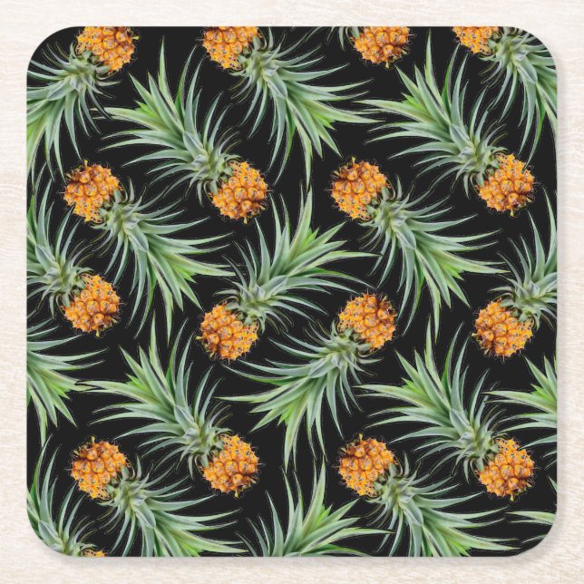 Tropical Pineapple Pattern on Black Square Paper Coaster (Front)