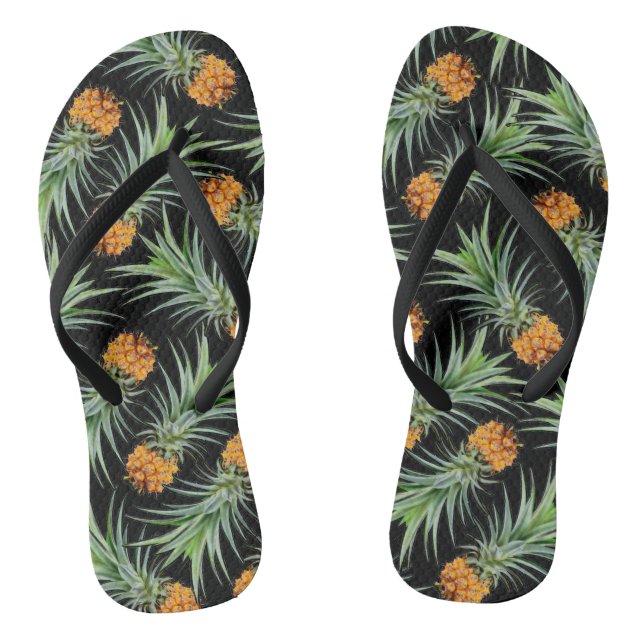 Tropical Pineapple Pattern on Black Thongs (Footbed)