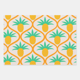 Tropical Pineapple Pattern on Orange Ogee Wrapping Paper Sheet