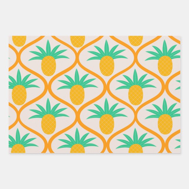 Tropical Pineapple Pattern on Orange Ogee  Wrapping Paper Sheet (Front)