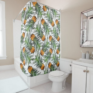 Tropical Pineapple Pattern on White Shower Curtain