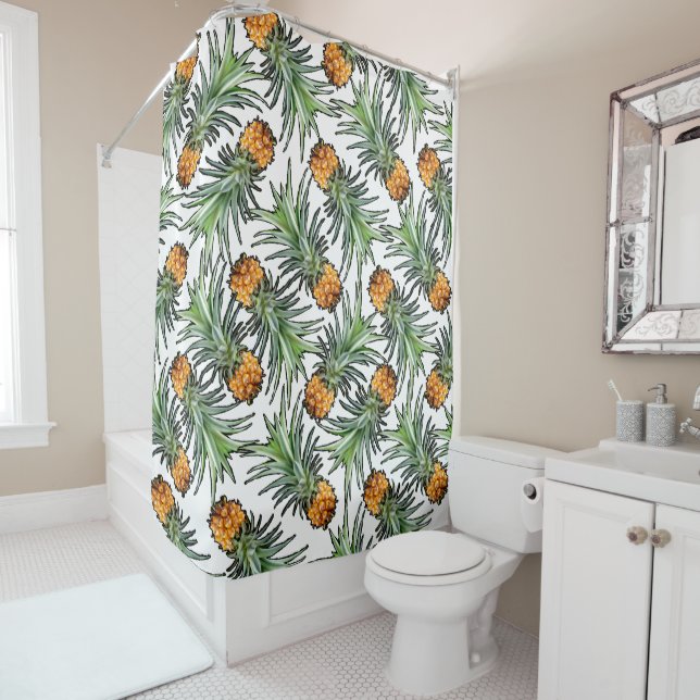 Tropical Pineapple Pattern on White Shower Curtain (In Situ)