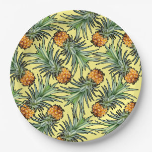 Tropical Pineapple Pattern on Yellow Paper Plate