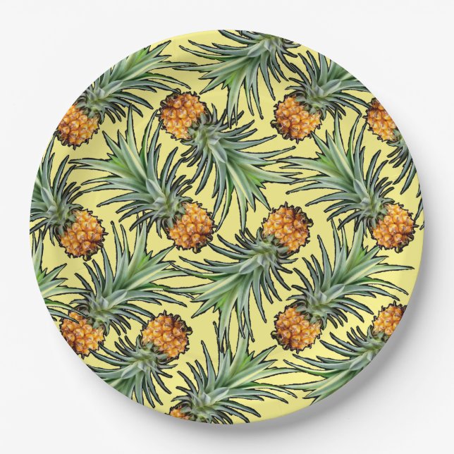 Tropical Pineapple Pattern on Yellow Paper Plate (Front)