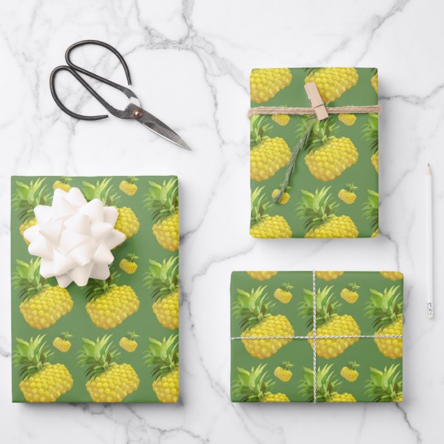 Tropical Pineapple Pattern: Summer Fruit Art Wrapping Paper Sheet (Front)