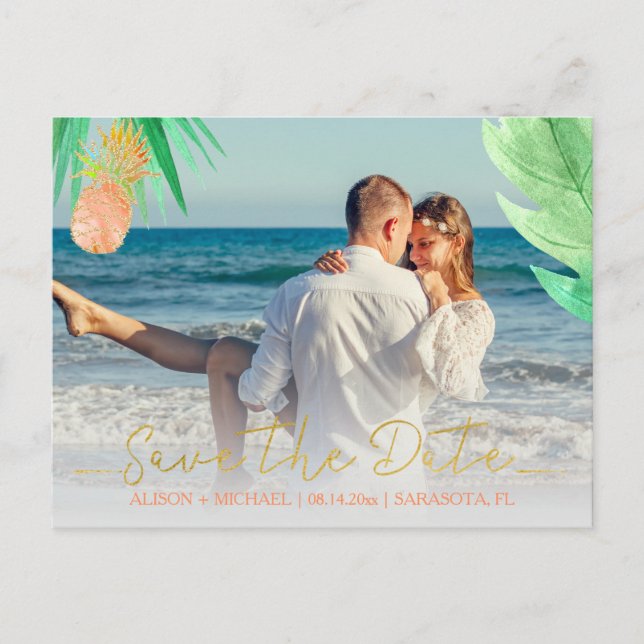 Tropical pineapple peachy wedding save date photo announcement postcard (Front)