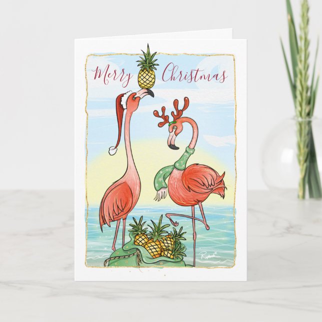 Tropical Pineapple Pink Flamingo Christmas Holiday Card (Front)