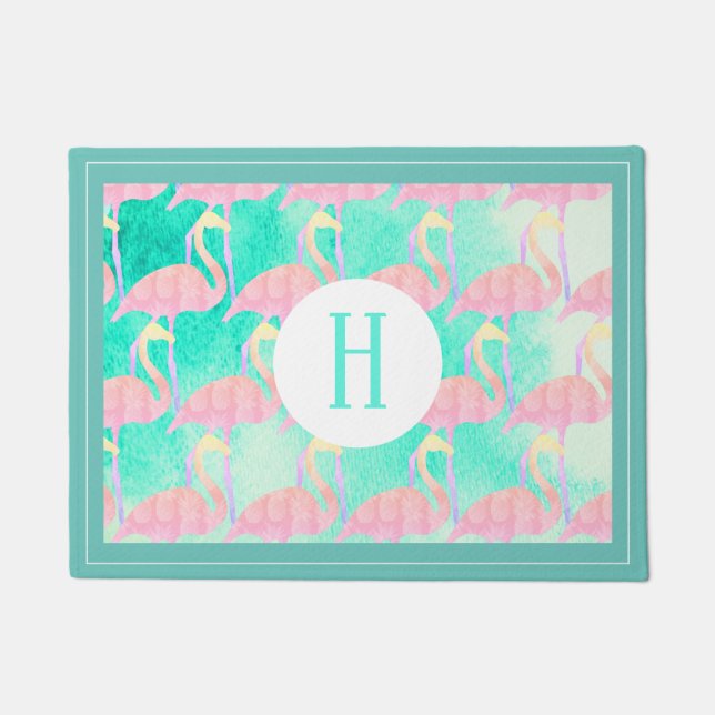 Tropical Pineapple Pink Flamingos & Watercolor Doormat (Front)
