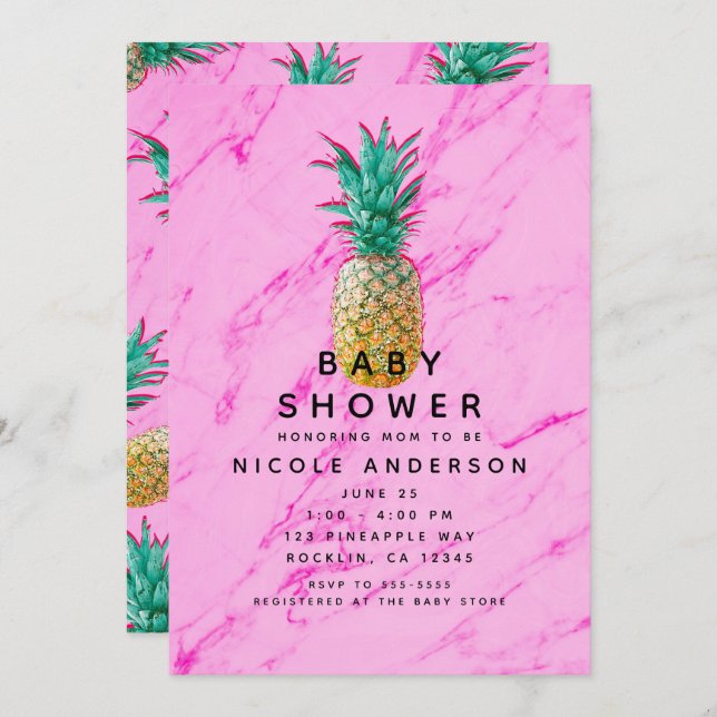 Tropical Pineapple Pink Marble Modern Baby Shower Invitation (Front/Back)