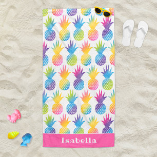 Tropical Pineapple Pink Monogram Name Beach Towel