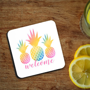 Tropical Pineapple Pink Rainbow Watercolor Welcome Coaster