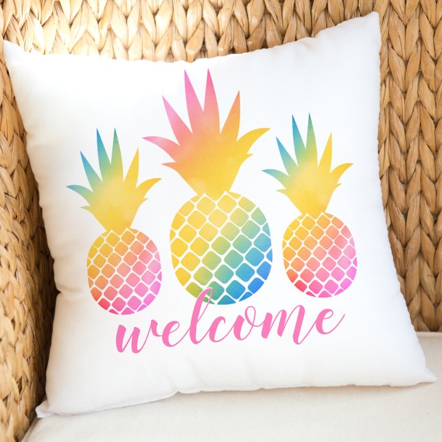 Tropical Pineapple Pink Rainbow Watercolor Welcome Cushion (Creator Uploaded)