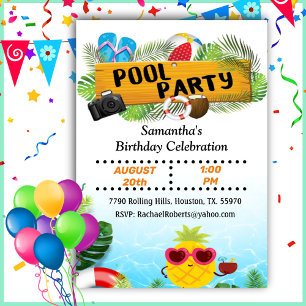 Tropical Pineapple Pool Party Birthday Invitation