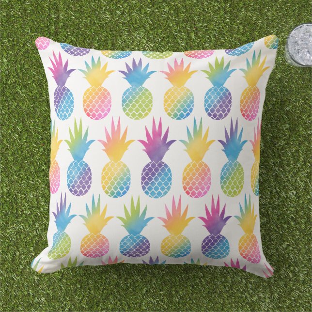 Tropical Pineapple Rainbow Watercolor Pattern Cushion (Grass)