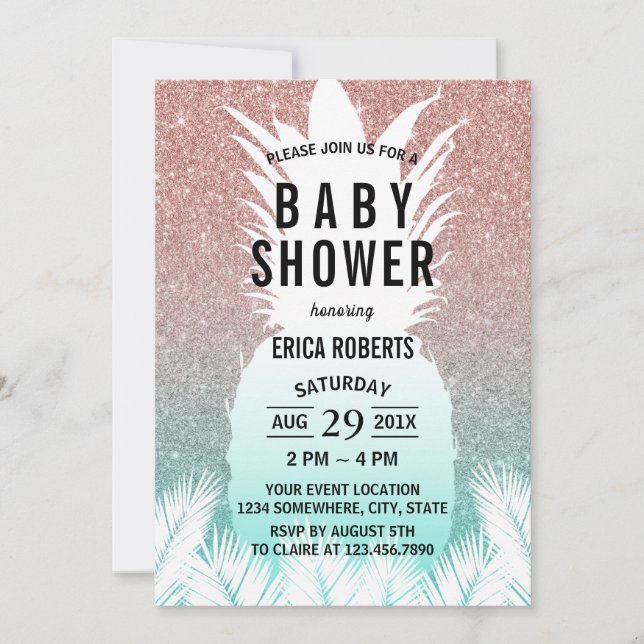 Tropical Pineapple Rose Gold Glitter Baby Shower Invitation (Front)