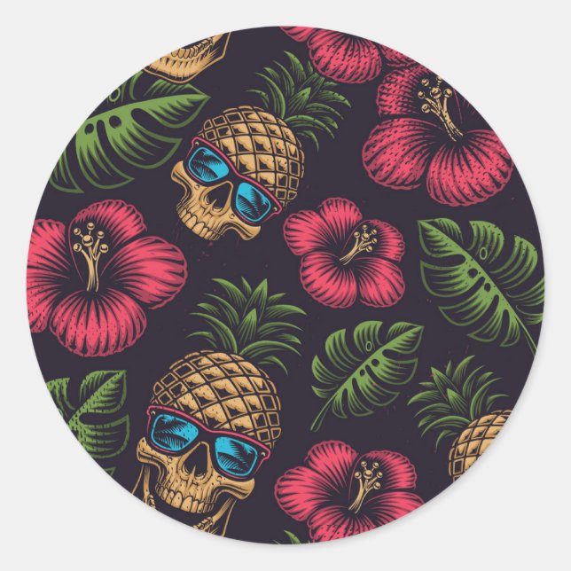 Tropical Pineapple Skulls Classic Round Sticker (Front)