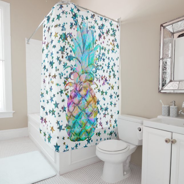 Tropical Pineapple Stars Colour Splash Shower Curtain (In Situ)