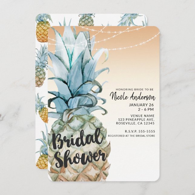 Tropical Pineapple & String Lights Bridal Shower Invitation (Front/Back)