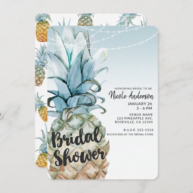 Tropical Pineapple & String Lights Bridal Shower Invitation (Front/Back)