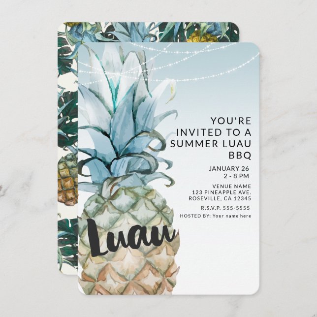 Tropical Pineapple & String Lights Summer Luau BBQ Invitation (Front/Back)
