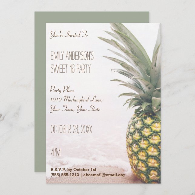 Tropical Pineapple Summer Beach Sweet 16 Birthday Invitation (Front/Back)