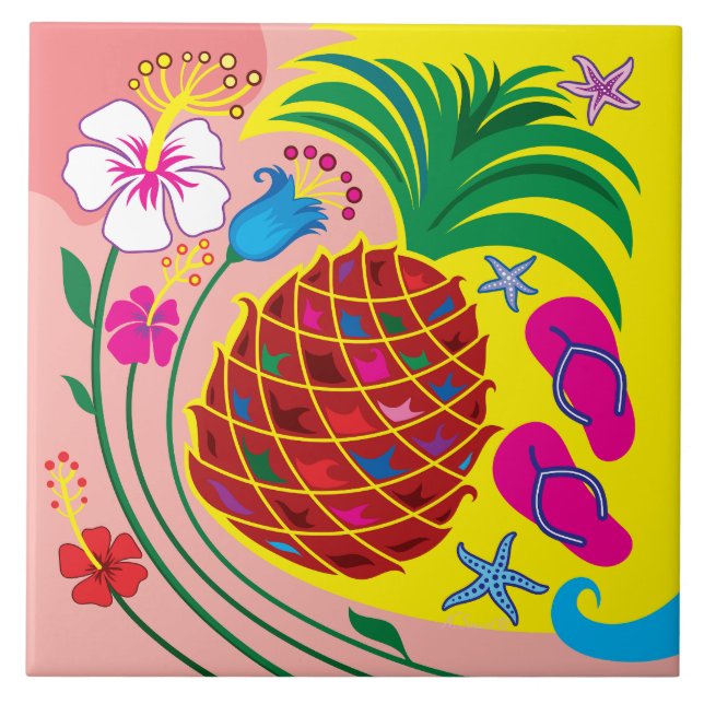 Tropical Pineapple Summer Ceramic Tile (Front)