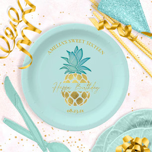 Tropical Pineapple Sweet 16 Happy Birthday ID922 Paper Plate