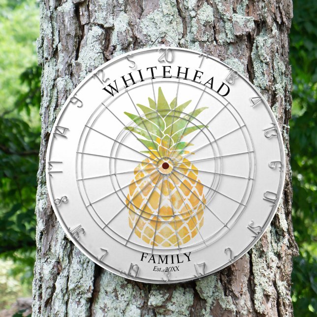 Tropical Pineapple Watercolor Dartboard (Personalized tropical pineapple design. Great for a family reunion, wedding, or family gift.)