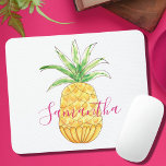 Tropical Pineapple Watercolor Name Monogram Mouse Pad<br><div class="desc">This fun and pretty mousepad is decorated with a yellow watercolor pineapple and a name in pink. 
You can customise it by changing the name or making it a monogram.
Original Watercolor © Michele Davies.</div>