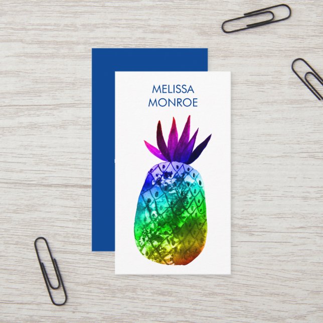 Tropical Pineapple Watercolor  Rainbow Business  Business Card (Front/Back In Situ)