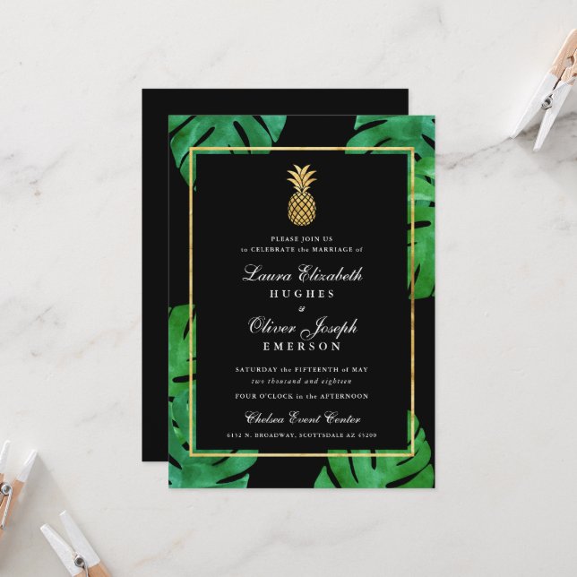 Tropical Pineapple Wedding Invitation Black & Gold (Front/Back In Situ)