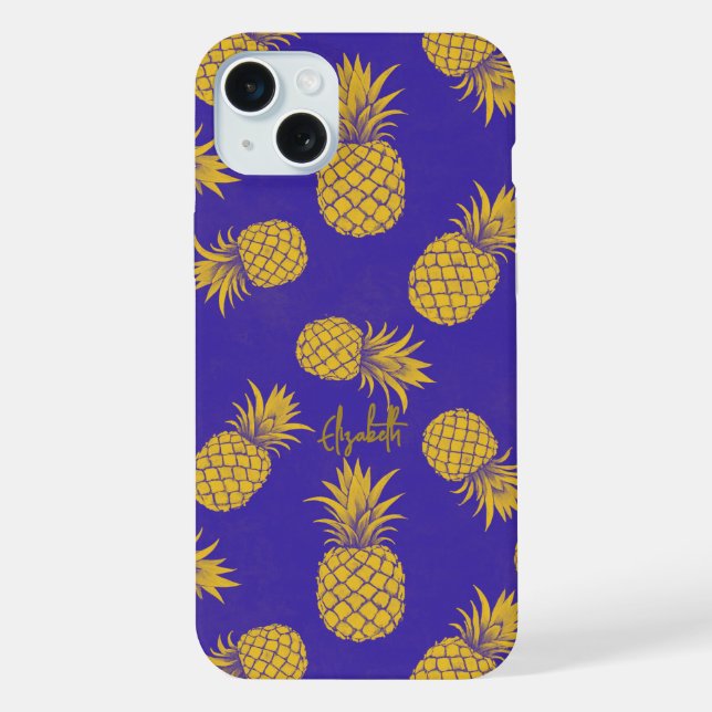 Tropical Pineapple with Name – Watercolor Style iPhone Case (Back)