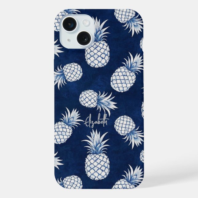 Tropical Pineapple with Name – Watercolor Style iPhone Case (Back)