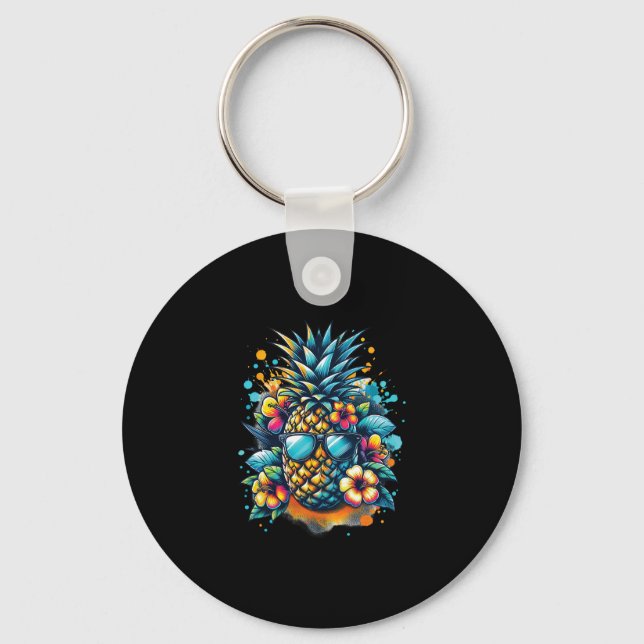 Tropical Pineapple With Shades Retro Summer Vibes  Key Ring (Front)