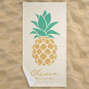 Tropical Pineapple Yellow Custom Name Beach Towel