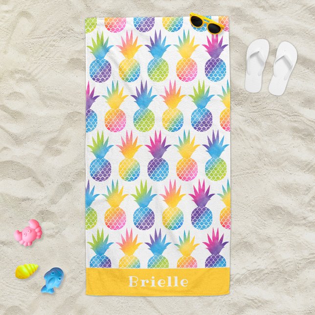 Tropical Pineapple Yellow Watercolor Custom Name Beach Towel (Creator Uploaded)