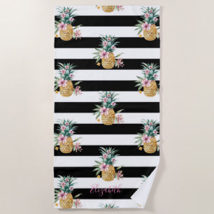 Tropical Pineapples,Black White Stripes   Beach Towel