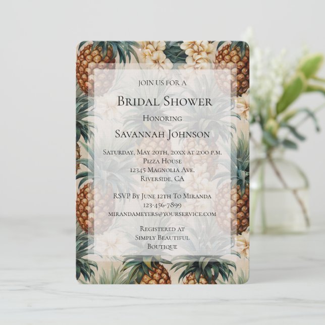 Tropical Pineapples Floral Bridal Shower Invitation (Standing Front)