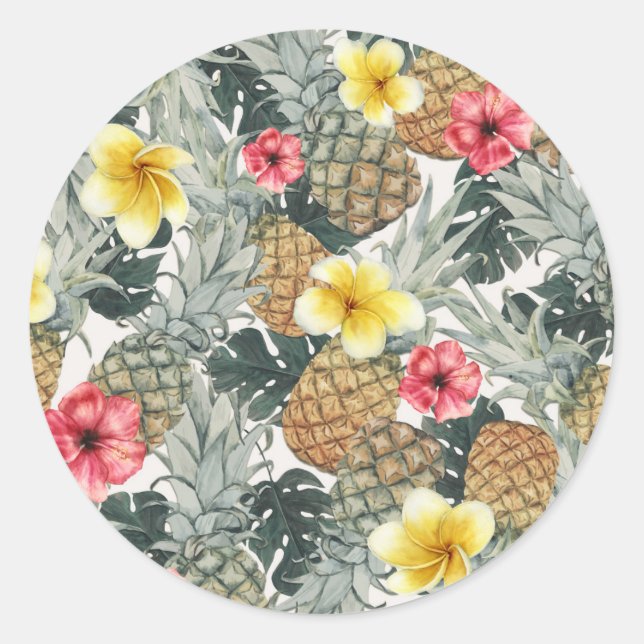 Tropical Pineapples Floral  Leaves Exotic Party Classic Round Sticker (Front)