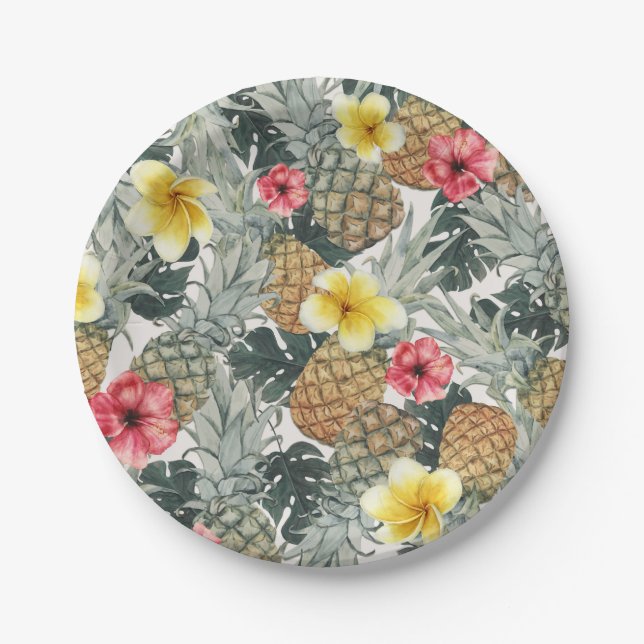 Tropical Pineapples Floral  Leaves Exotic Party Paper Plate (Front)