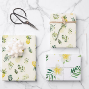 Tropical Pineapples Green Leaves Plumeria Birthday Wrapping Paper Sheet