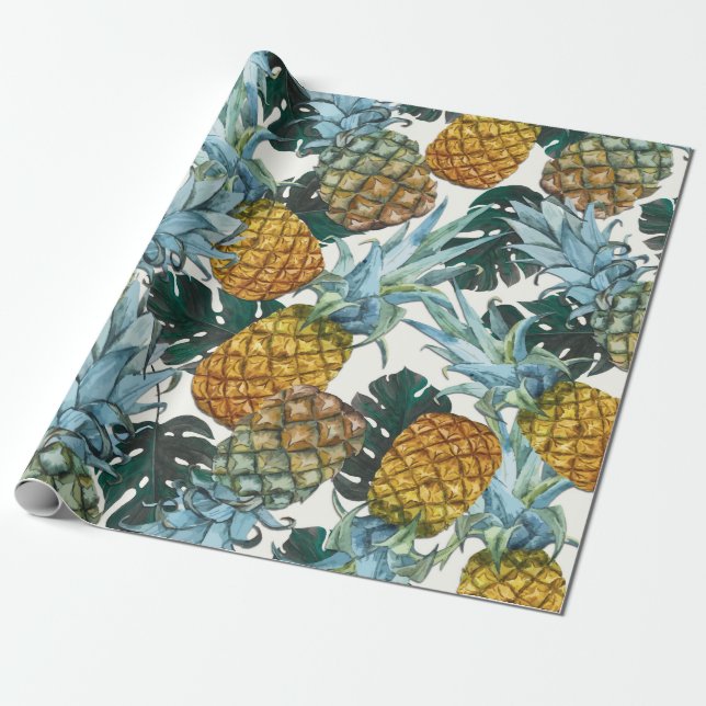 Tropical Pineapples & Leaves Exotic Birthday Party Wrapping Paper (Unrolled)