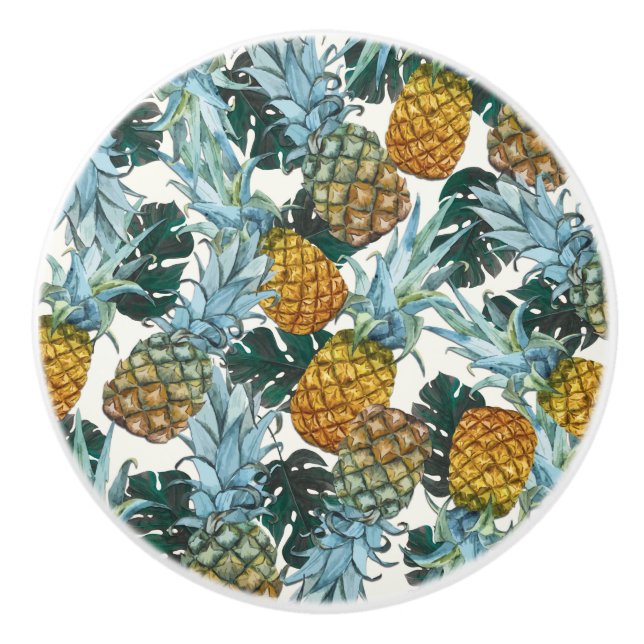 Tropical Pineapples & Leaves Exotic Island Jungle Ceramic Knob (Front)