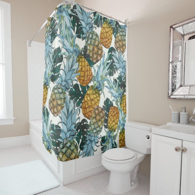 Tropical Pineapples & Leaves Exotic Island Shower Curtain (In Situ)