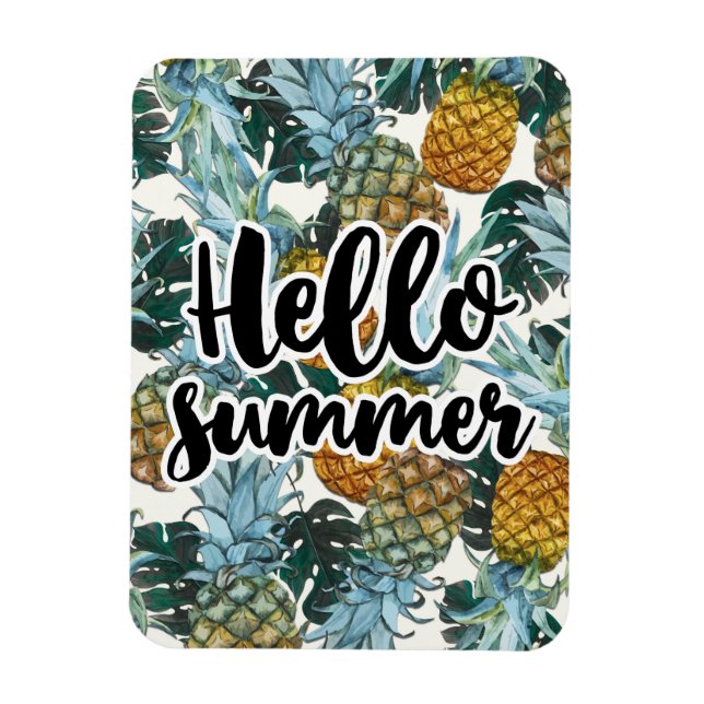 Tropical Pineapples & Leaves Hello Summer Magnet (Vertical)